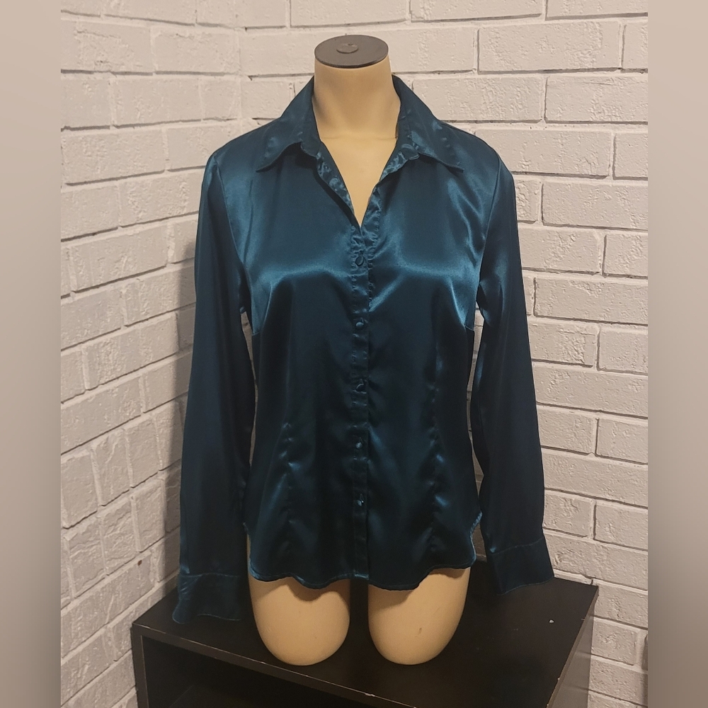 George Stretch Satin Blouse S (4/6) Teal Button Down Shirt Long Sleeve Shimmer